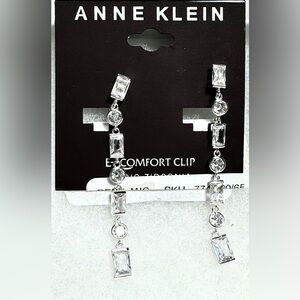 EZ Comfort Cubic Zirconia Clip Silver Tone Crystal Linear Drop Earrings A Klein